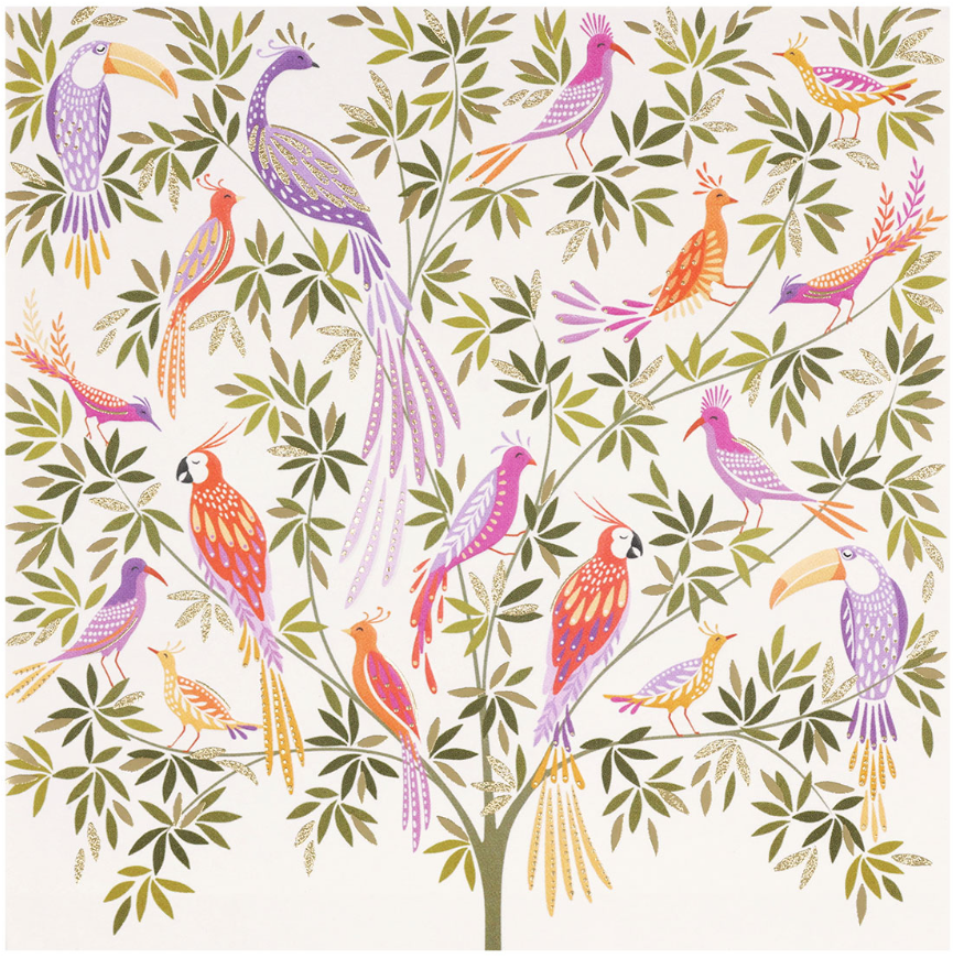 Tropical Birds in a Tree Greeting Card by Sara Miller