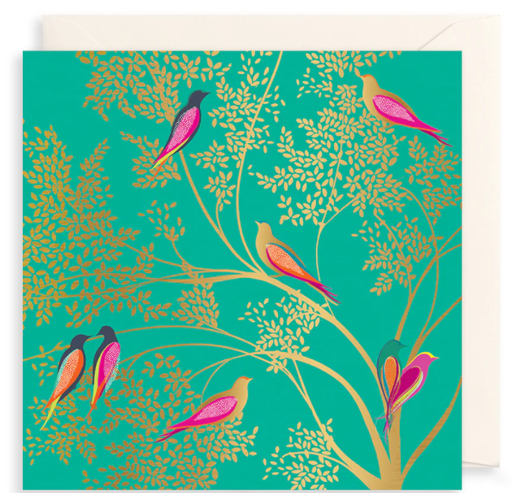 Green Birds in a Tree Greeting Card by Sara Miller