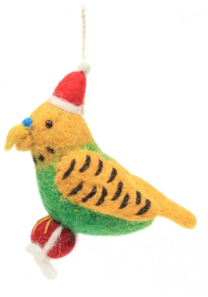 Christmas Budgie with a Present Felt Decoration