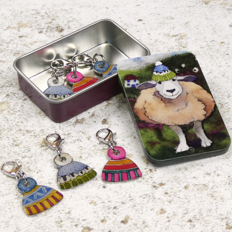 Happy Sheep Set of 6 Crochet Markers in a Pocket Tin