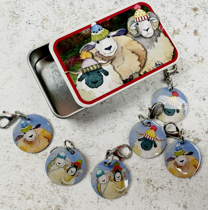 Happy Sheep Set of 6 Crochet Markers in a Pocket Tin