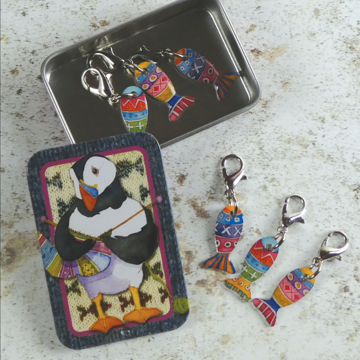 Knitting Puffin Pocket Tin with a set of 6 Fish Crochet Stitch Markers