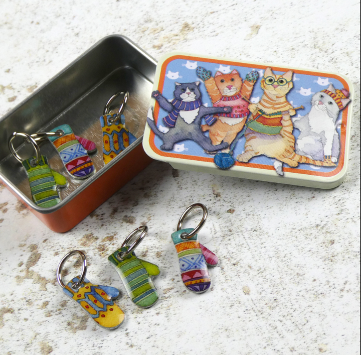 Kittens in Mittens Set of 6 Stitch Markers in a Tin