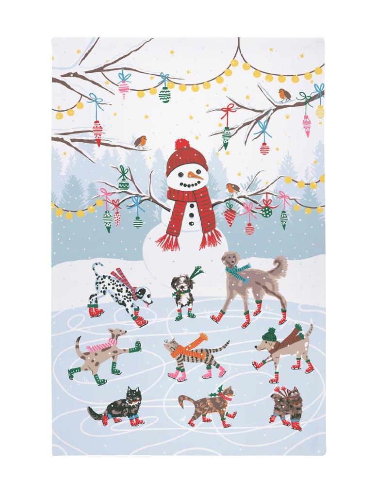 Ice Skating Cats and Dogs Cotton Tea Towel