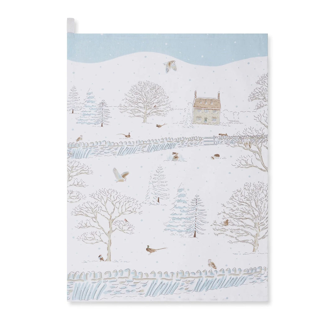 Snowy Cottage Scene Tea Towel