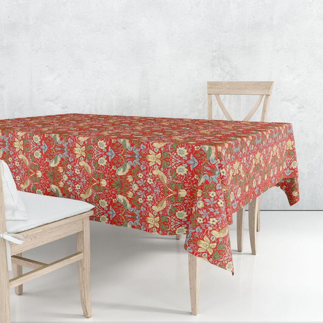 Strawberry Thief Red Cotton Table Cloth - 52 X 70 inches