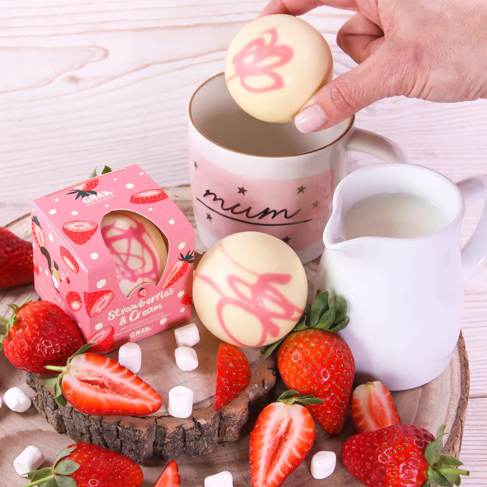 Strawberries & Cream White Chocolate Hot Chocolate Bombe Filled with White Marshmallows