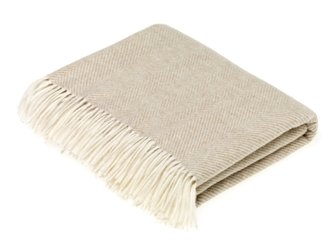 Merino Lambswool Throw Blanket - Beige Herringbone