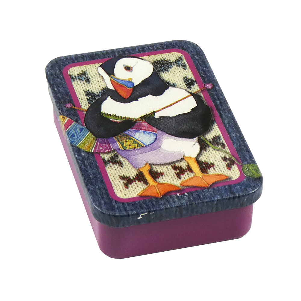 Knitting Puffin Pocket Tin with a set of 6 Fish Crochet Stitch Markers