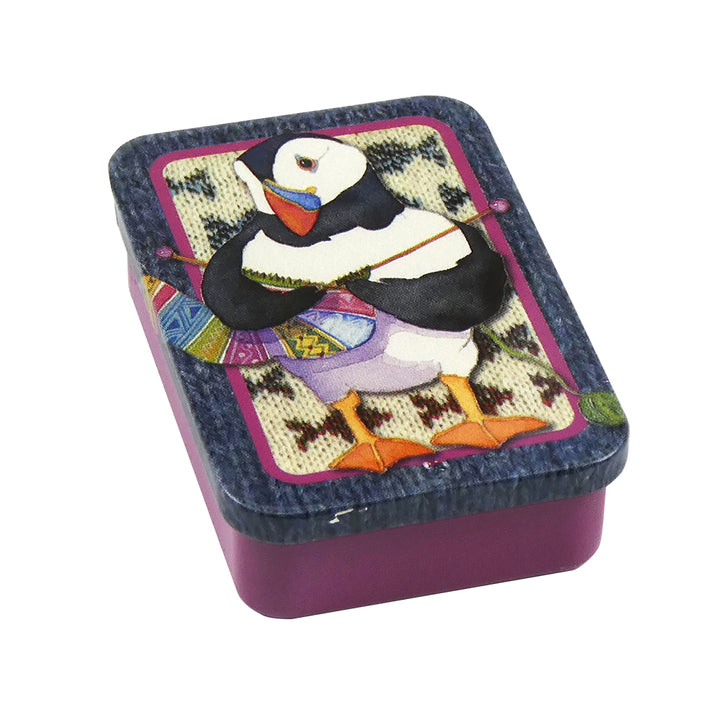 Knitting Puffin Pocket Tin with a set of 6 Fish Crochet Stitch Markers