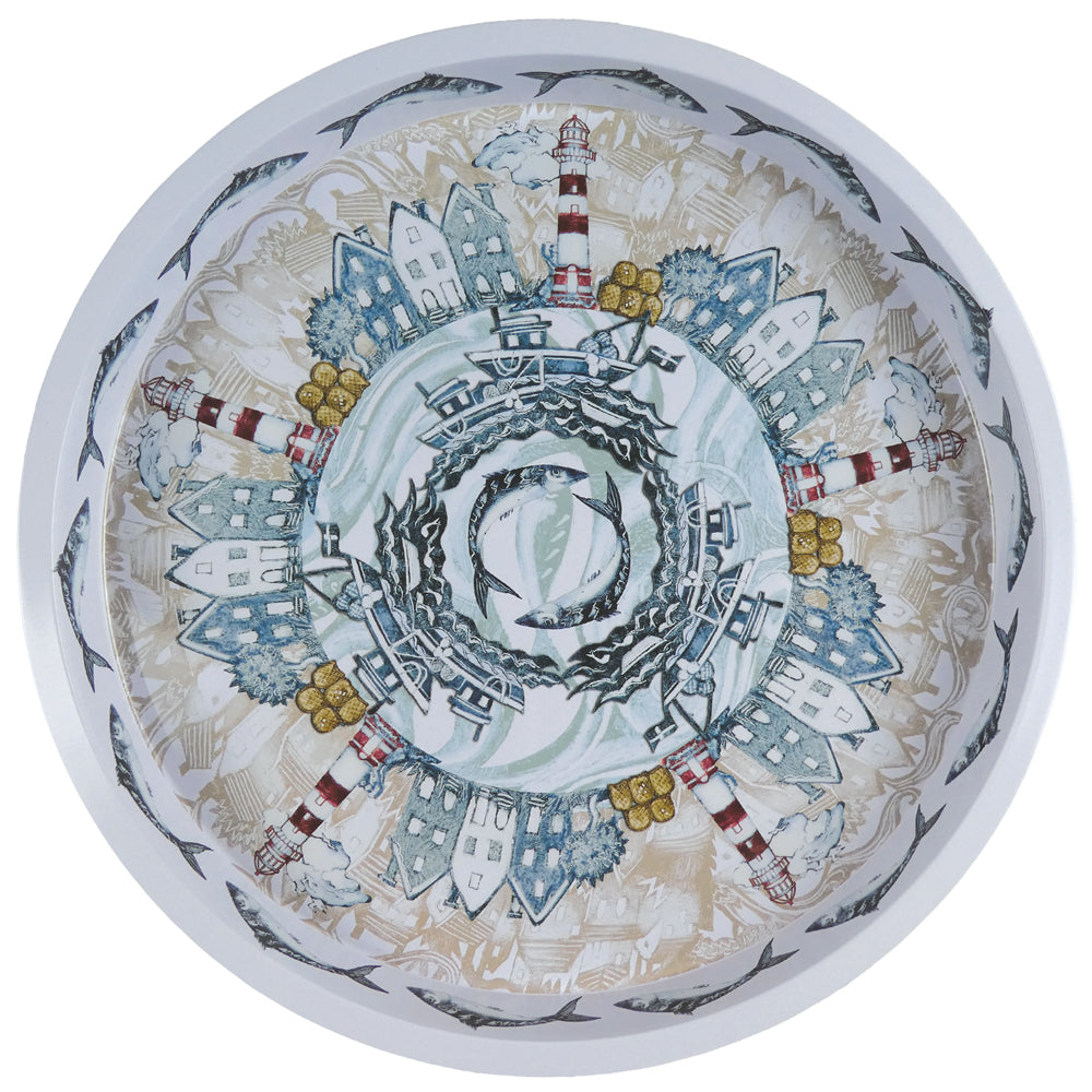 Fishing Village Lighthouse Round Tin Tray