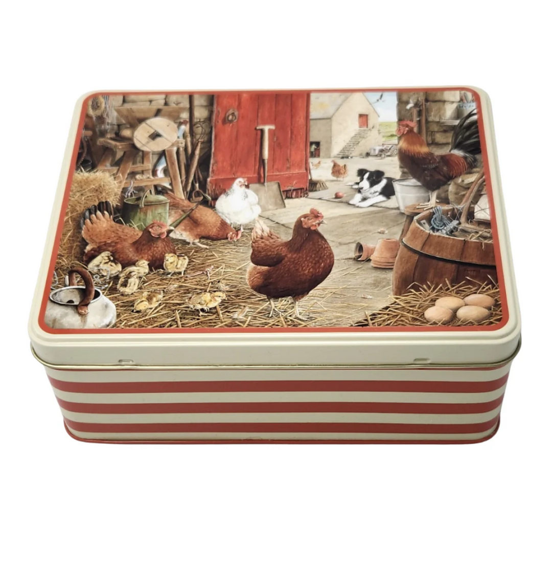 Tracy Hall Farmyard Hens Deep Rectangular Tin