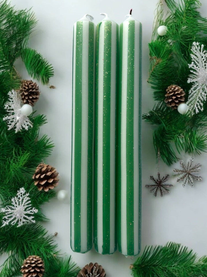 GREEN AND GOLD PINSTRIPES Dip Dye Dinner Candles Trio