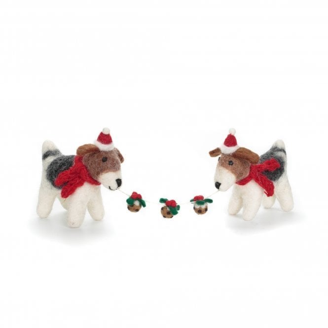Fox Terrier Pair with Christmas Pudding Garland Felt Decoration