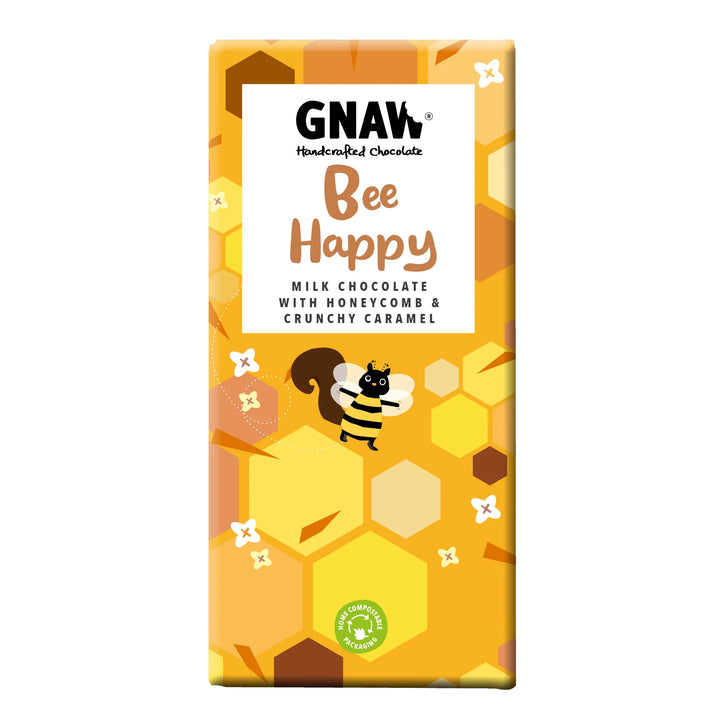 Bee Happy Milk Chocolate with Honeycomb & Crunchy Caramel Chocolate Bar