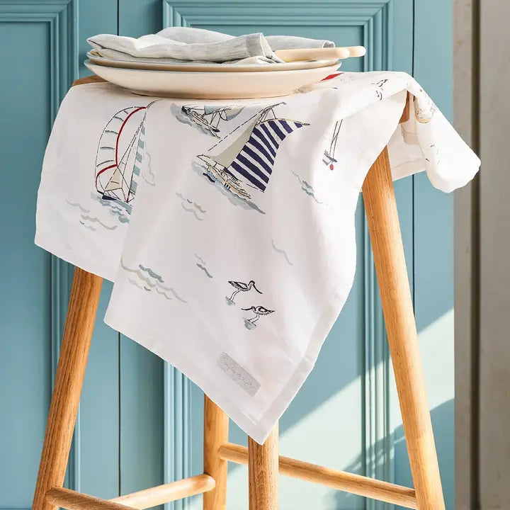 Coastal Boats Scene Tea Towel on white