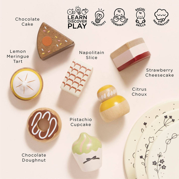 Wooden Toy Patisserie Cake Stand & Selection of 7 Eco-Friendly Treats