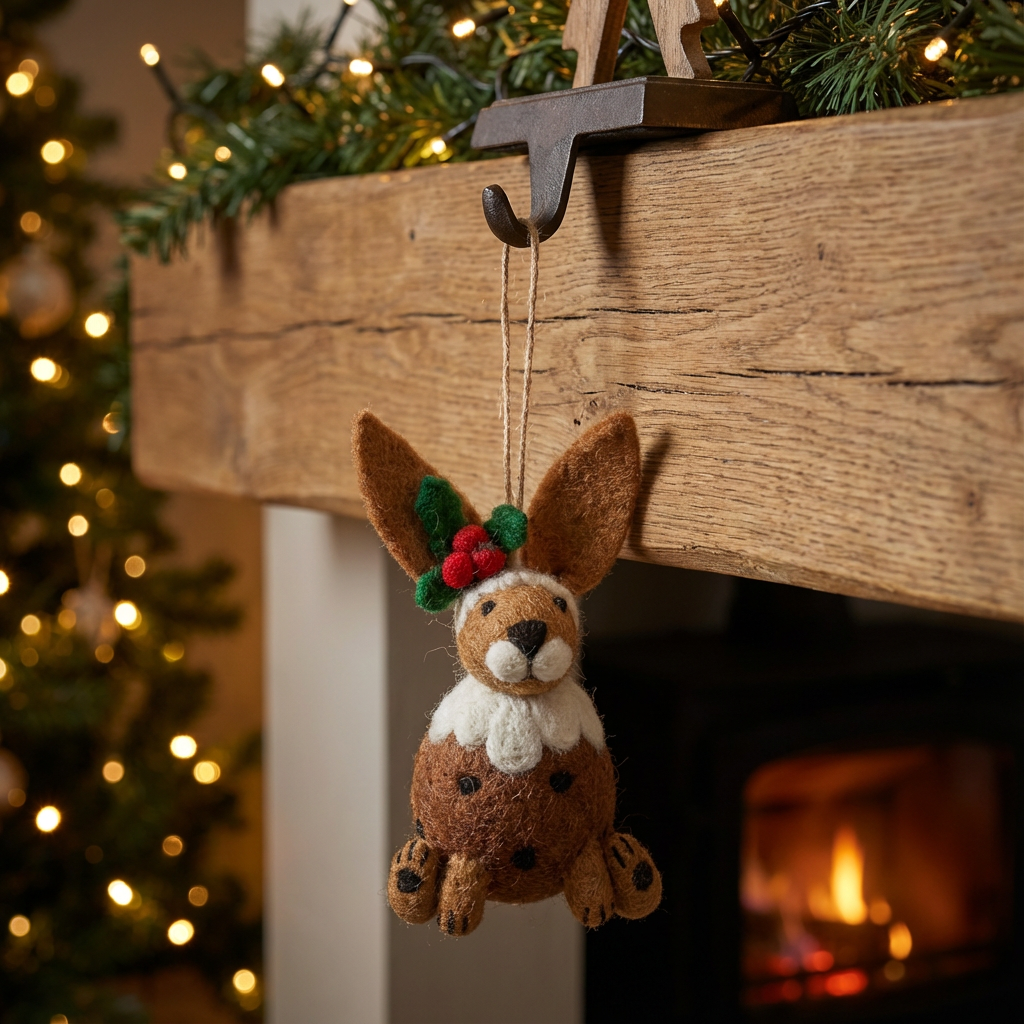Christmas Pudding Hare Handmade Felt Hanging Decoration