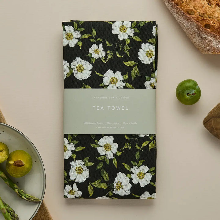 Cottage Roses Tea Towel - Dark Green