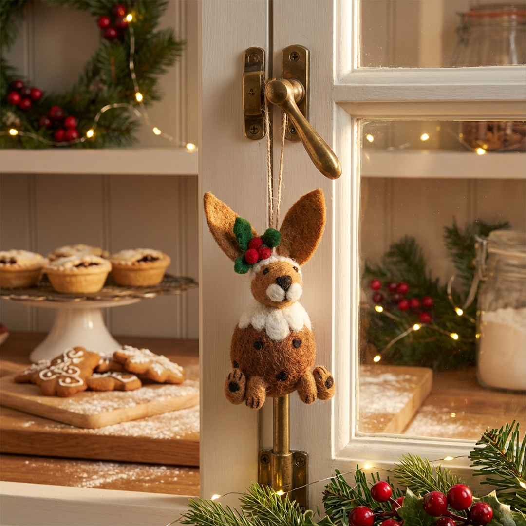 Christmas Pudding Hare Handmade Felt Hanging Decoration