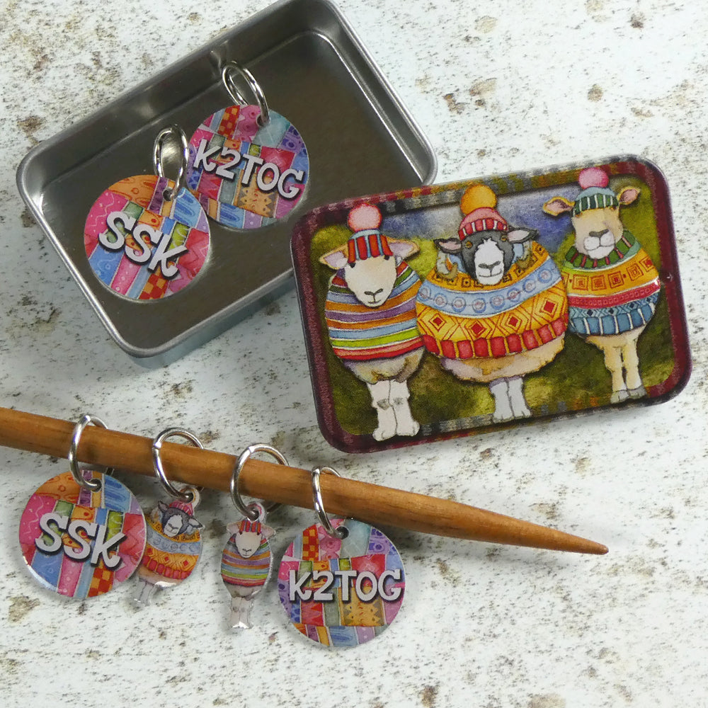 Decrease Set of 6 Stitch Markers in a Striped Sheep Pocket Tin