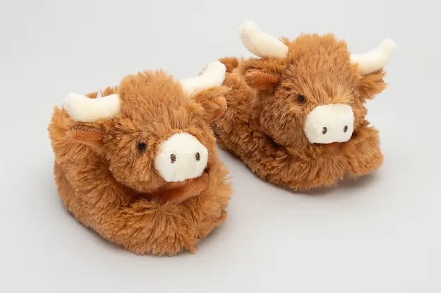 Horned Highland Brown Cow Plush Baby Slippers