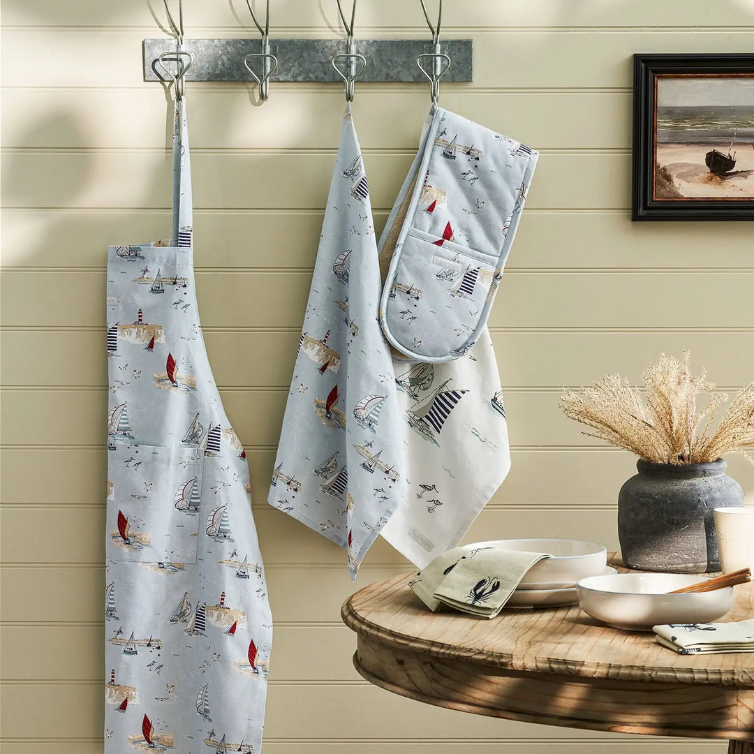 Coastal Boats Scene Tea Towel on white