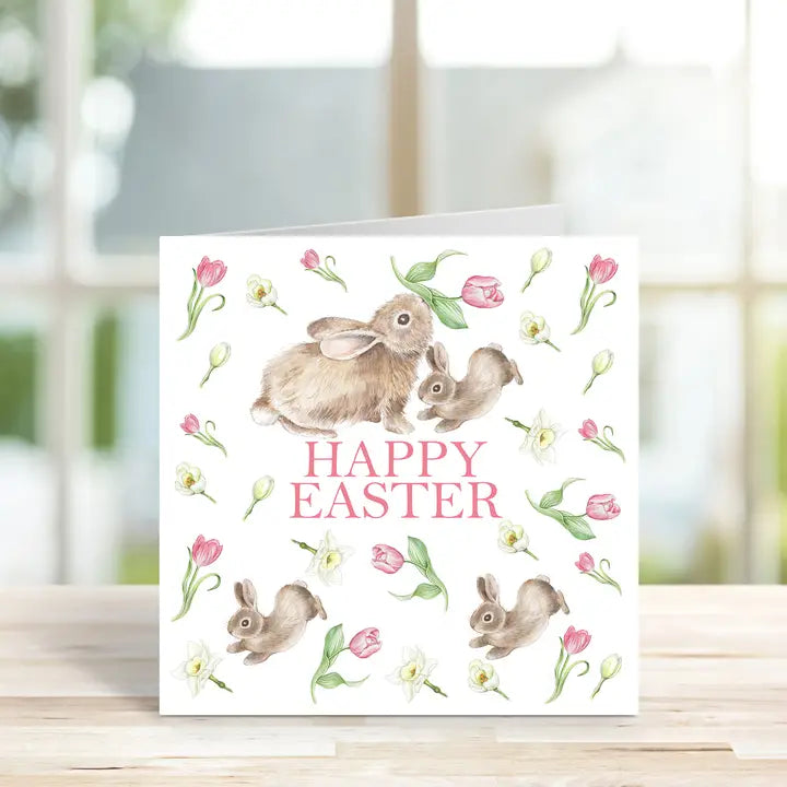 'Happy Easter' Rabbits and Tulips Easter Card