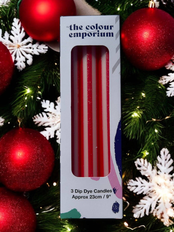 RED AND GOLD PINSTRIPES Dip Dye Dinner Candles Trio