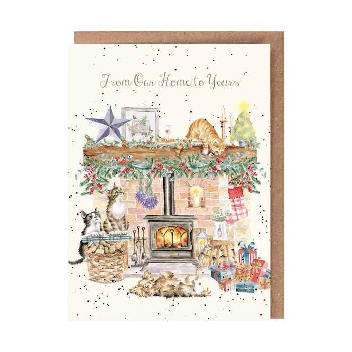 'By The Fireside' Dogs and Cats Christmas Greeting Card