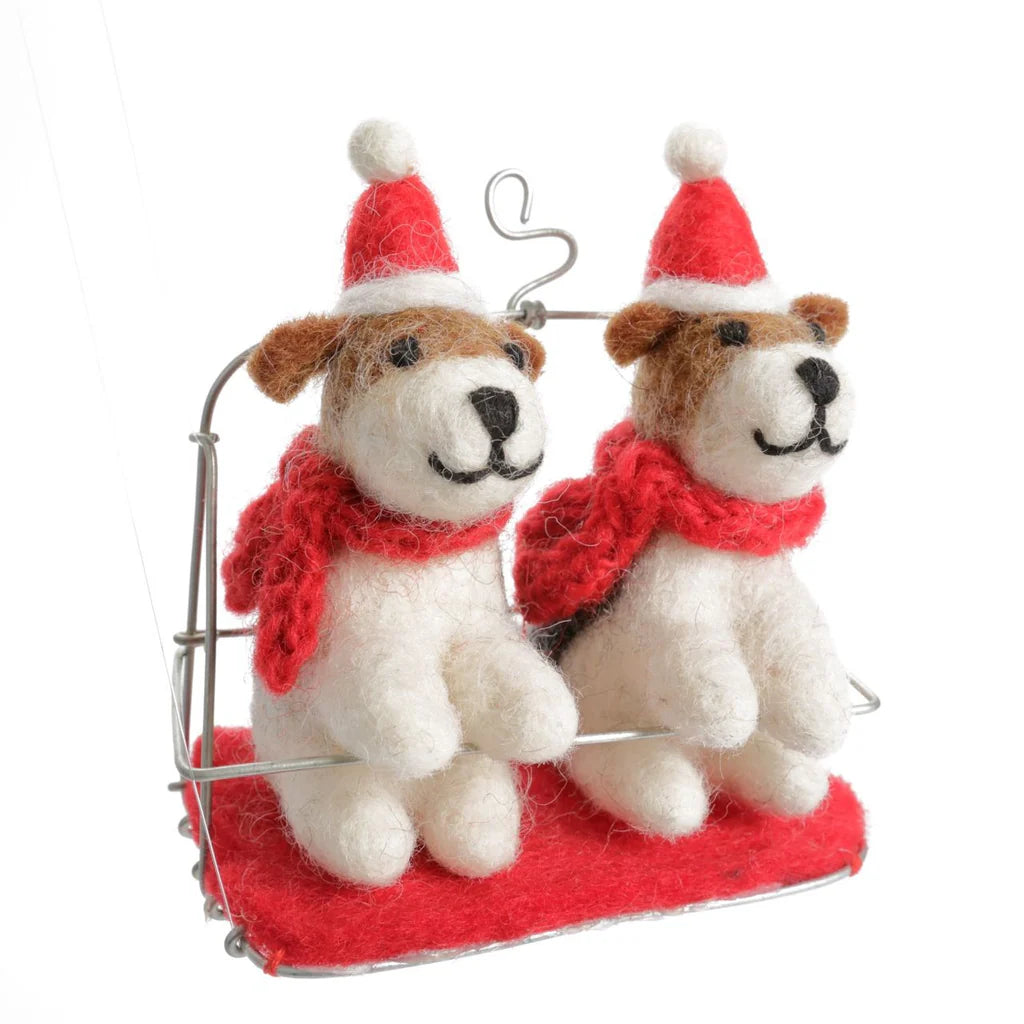 Fox Terrier Pair in Ski Chair Lift Felt Decoration