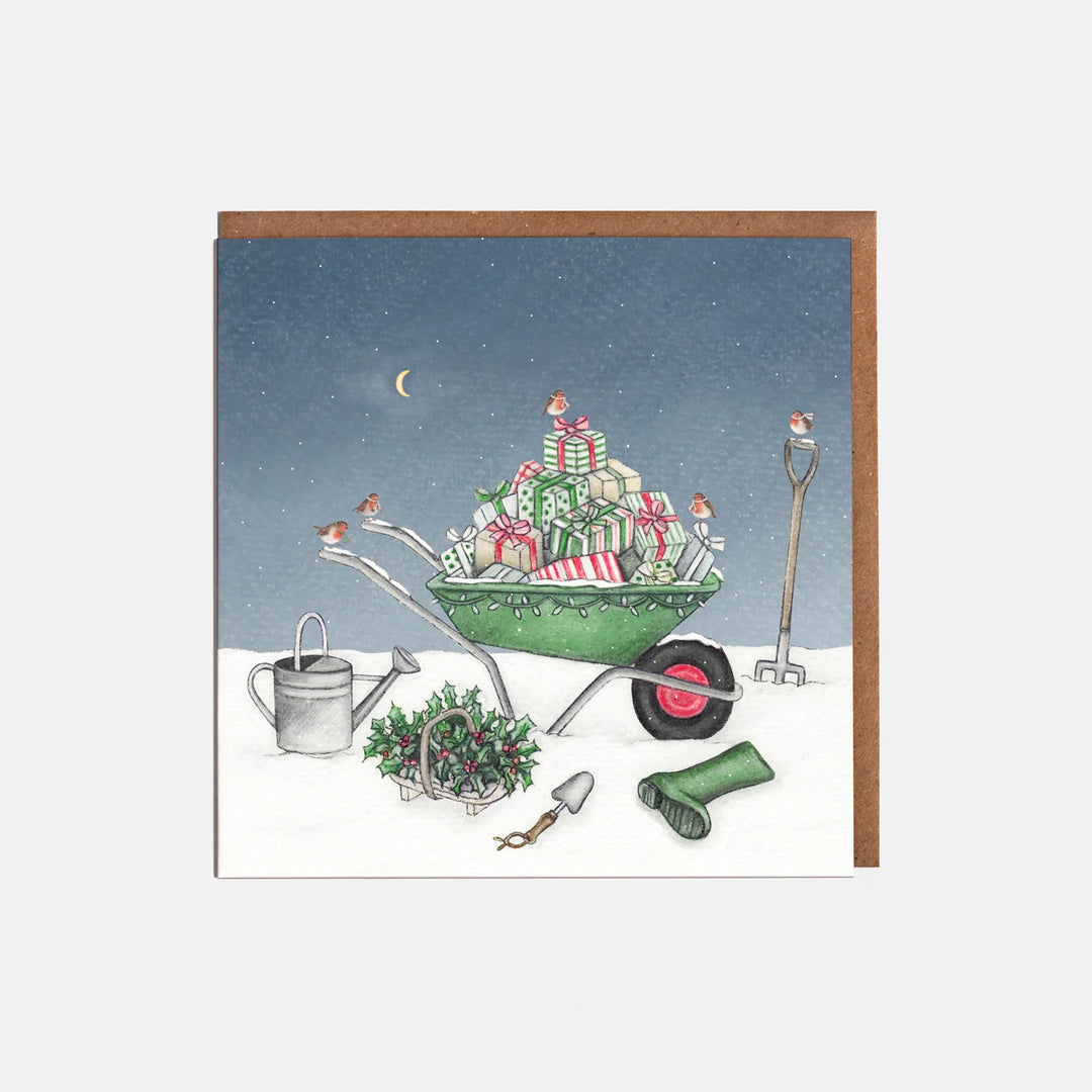 Wheelbarrow & Robins Christmas Card