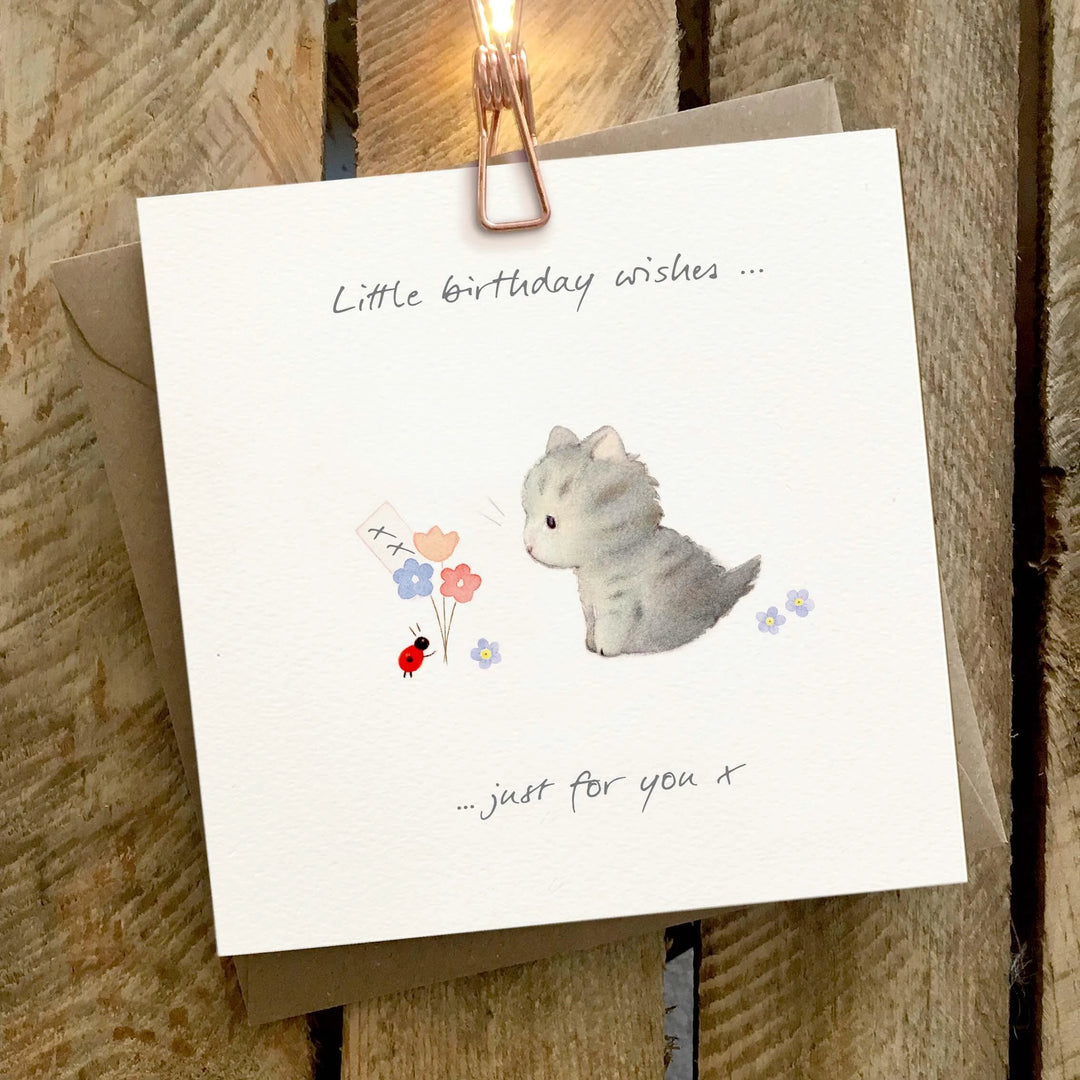Birthday Wishes Kitten and Flowers Greeting Card