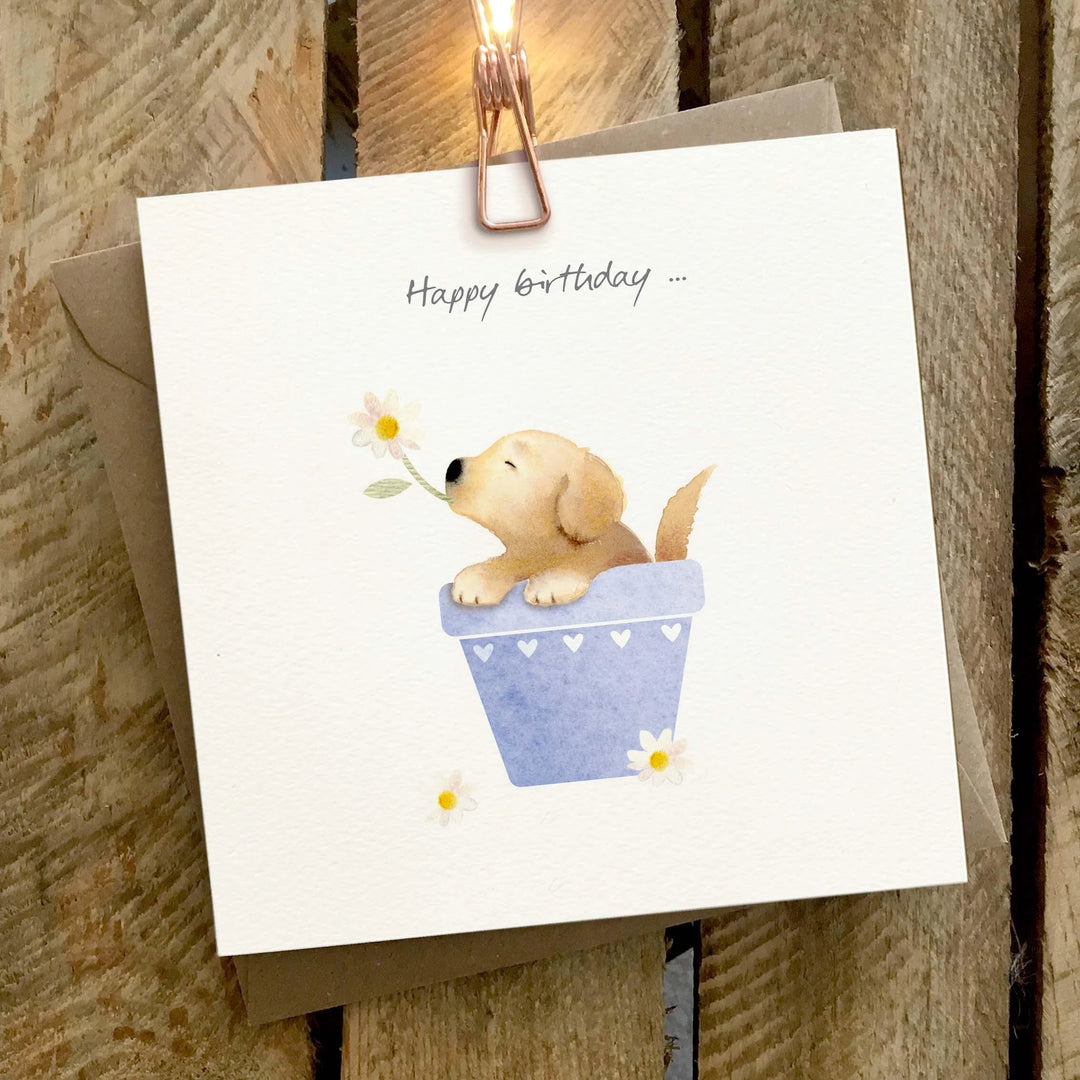 Happy Birthday Puppy in Plant Pot Greeting Card