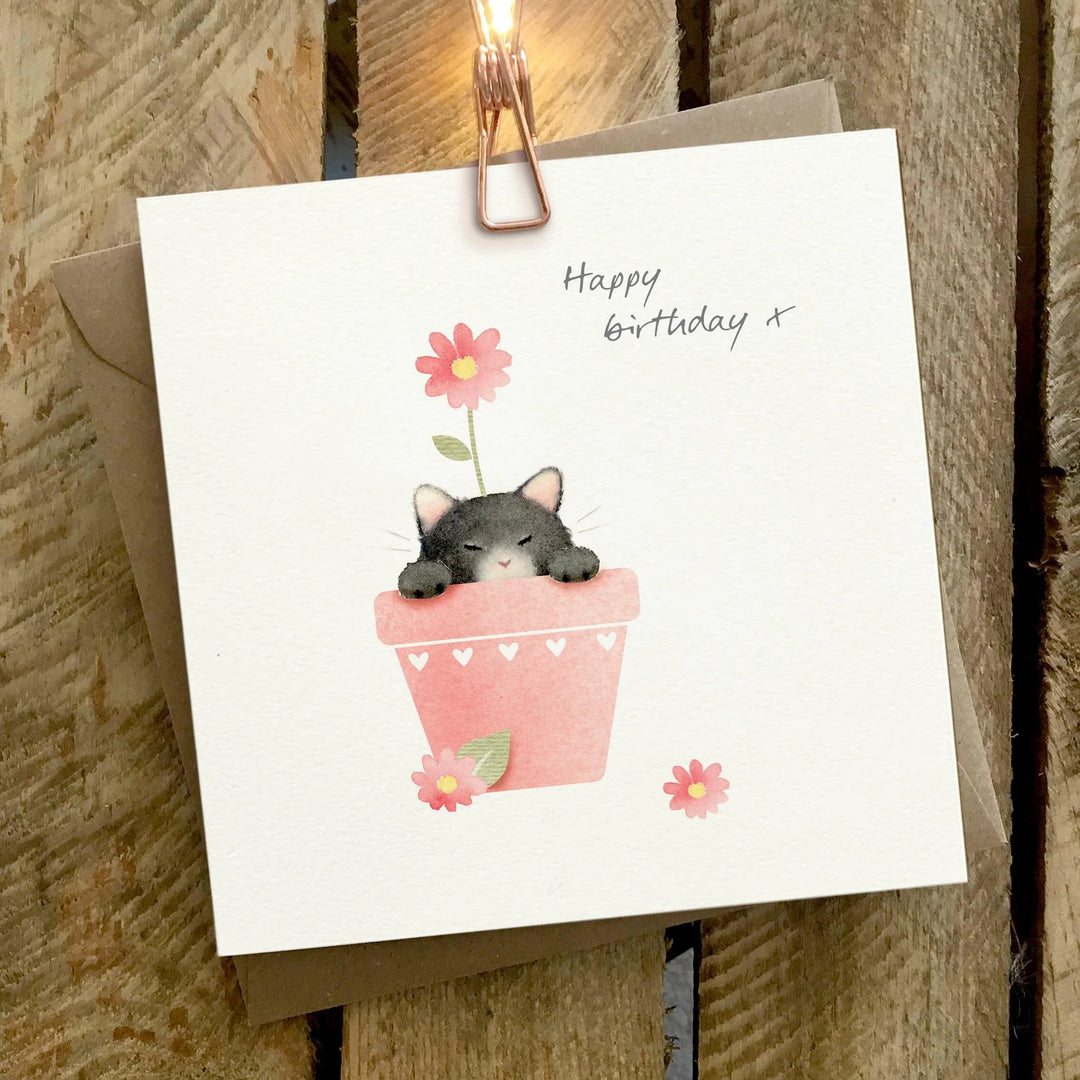 Happy Birthday Black Cat in Plant Pot Greeting Card