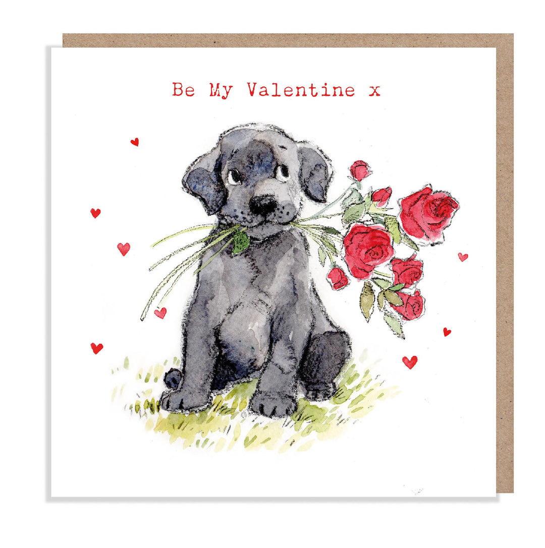 Black Labrador with Flowers "Be My Valentine" Greetings Card