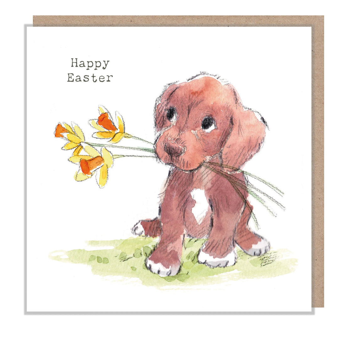 Brown Puppy With Daffodils Easter Greetings Card