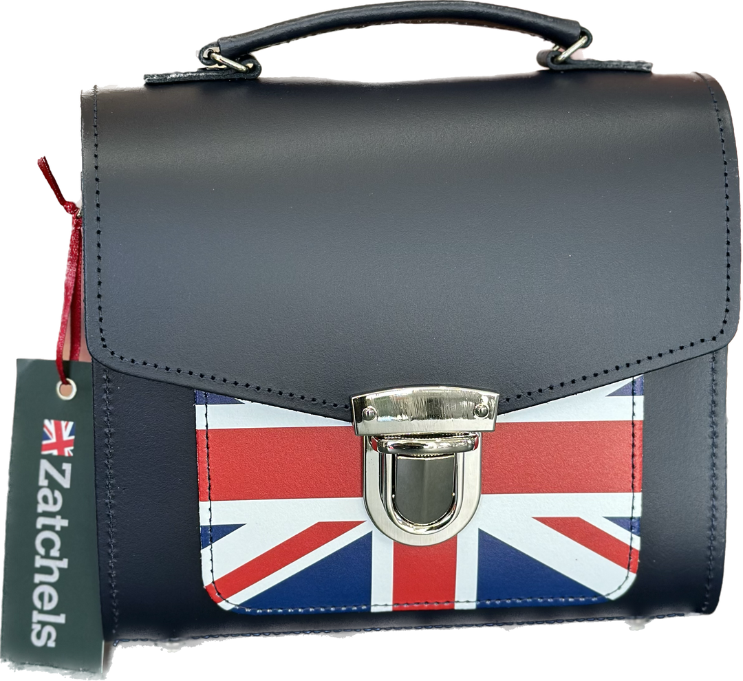 Zatchels Handmade Leather Sugarcube Plus Handbag - Navy with Union Jack