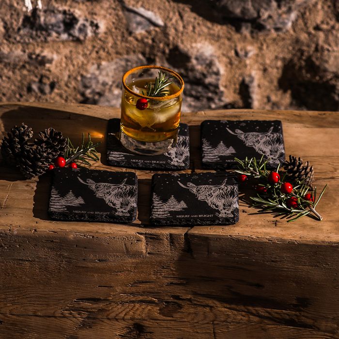 Christmas Highland Cow Slate Coasters- Set of 4