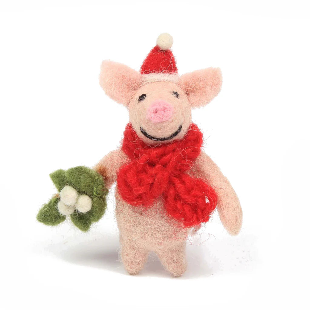 Mini Piglet with Mistletoe Sprig Felt Decoration