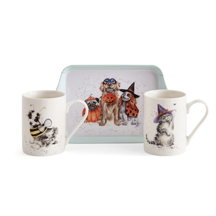 'Trick or Treat' Dog and Cat Halloween Mug & Tray 3-piece Set