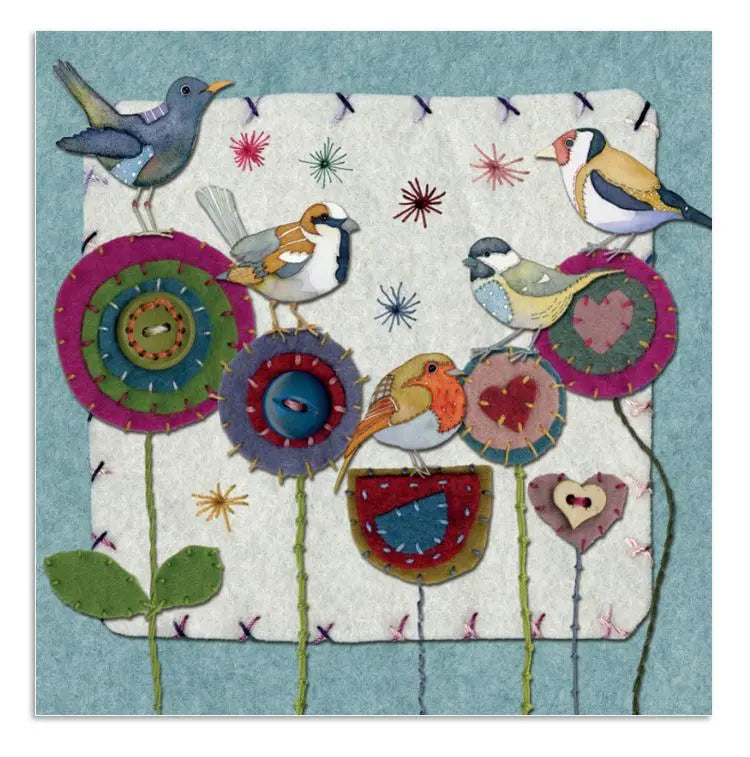 Five Stitched Birdies Greetings Card