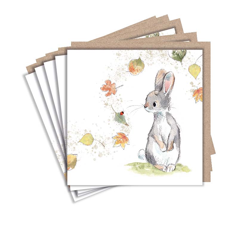 Rabbit and Leaves Set of 5 Notecards