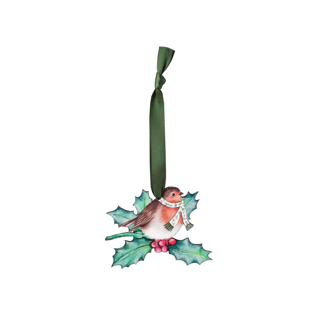 Robin With Holly Wooden Christmas Decoration