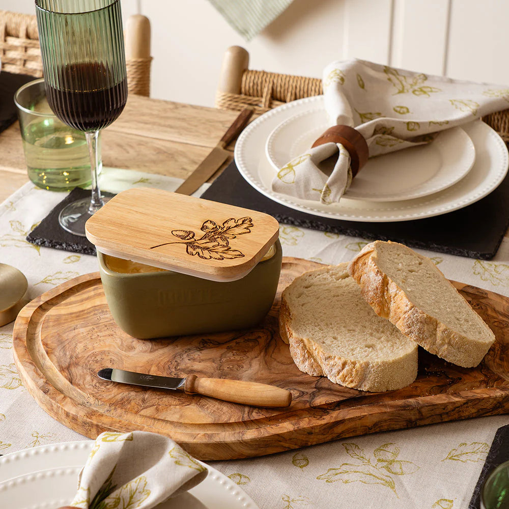 Autumn Acorns Oak & Ceramic Sage Green Butter Dish