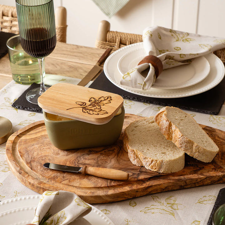 Autumn Acorns Oak & Ceramic Sage Green Butter Dish