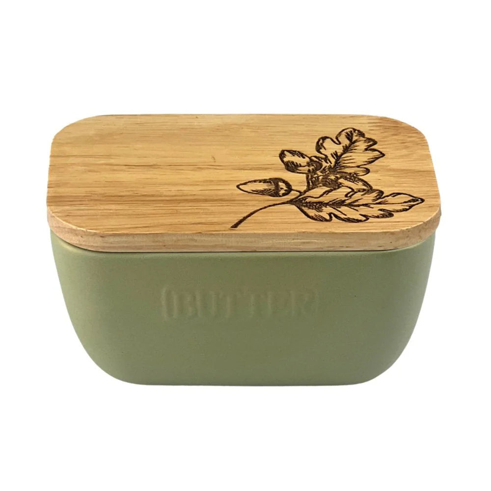 Autumn Acorns Oak & Ceramic Sage Green Butter Dish