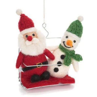 Santa & Snowman in Ski Chair Lift Felt Decoration