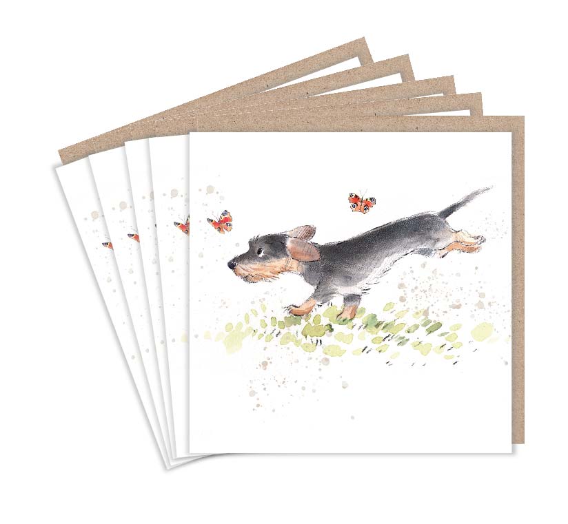 Sausage Dog and Butterflies Set of 5 Notecards