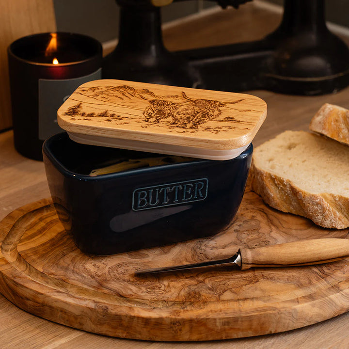 Scenic Highland Cow Oak & Ceramic Blue Butter Dish